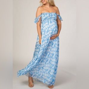 PINKBLUSH Blue Floral Flutter Sleeve Maternity Maxi Dress